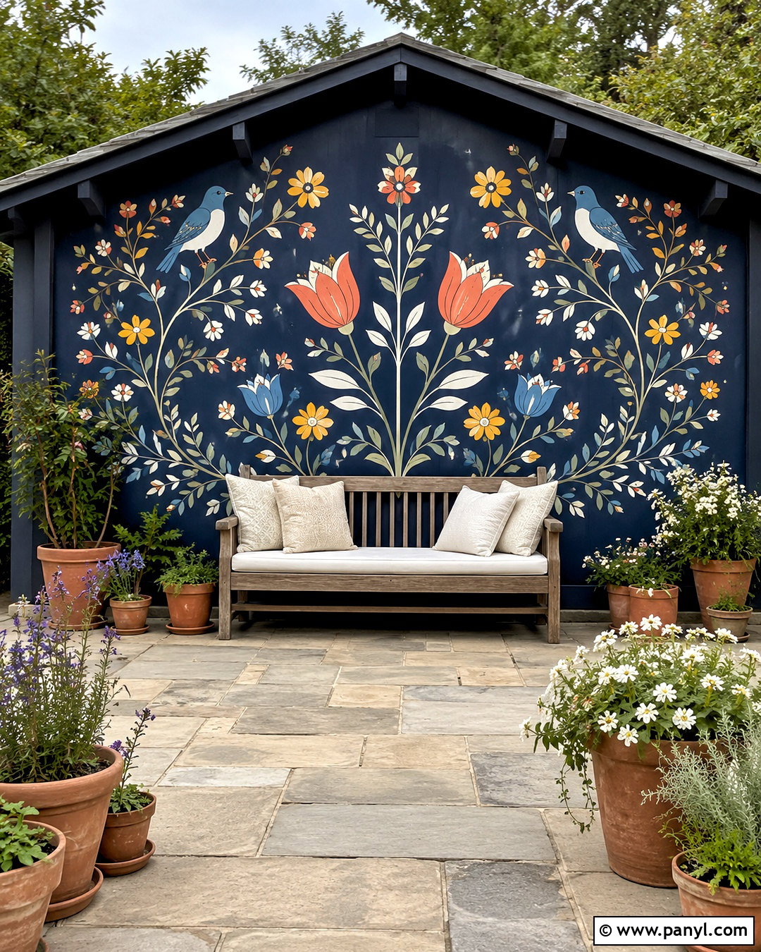 Folk Floral Outdoor Wall Mural - 20 outdoor wall painting ideas