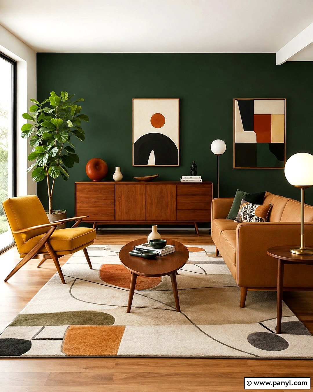 Forest Green Accent Wall Midcentury Living Room - 20 Forest Green Paint Color Accent Walls