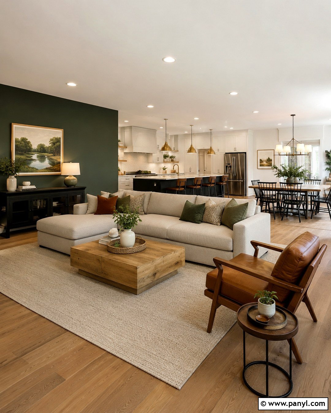 Forest Green Accent Wall Open Concept Living Room - 20 Forest Green Paint Color Accent Walls