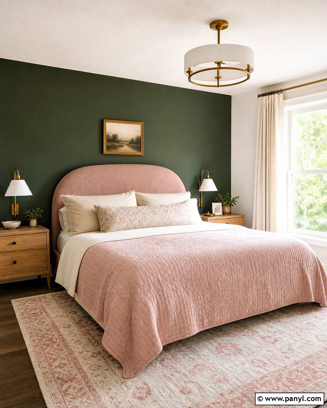 Forest Green Accent Wall With Blush Pink Bedding - 20 forest green accent wall bedroom ideas