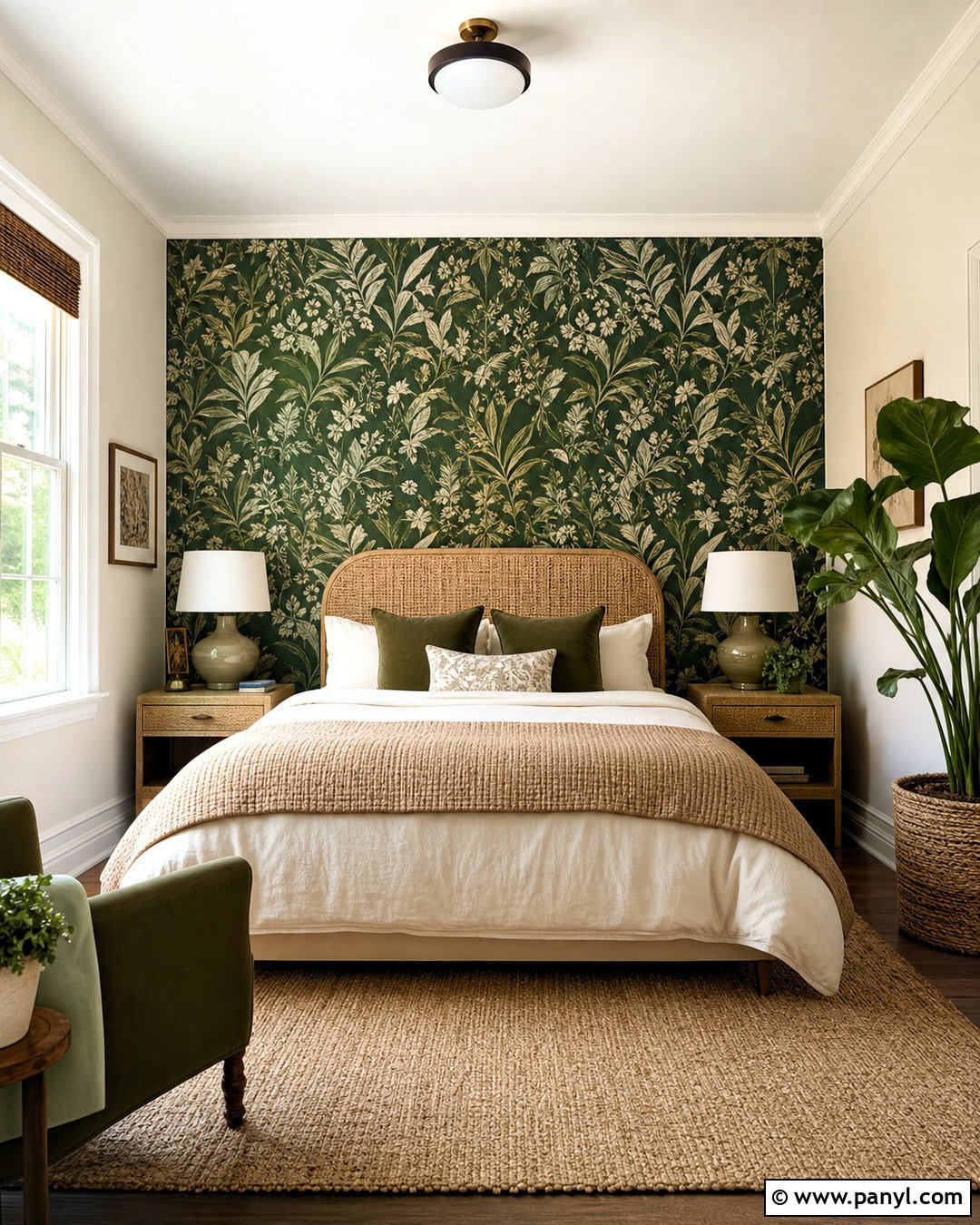 Forest Green Accent Wall With Botanical Wallpaper - 20 forest green accent wall bedroom ideas