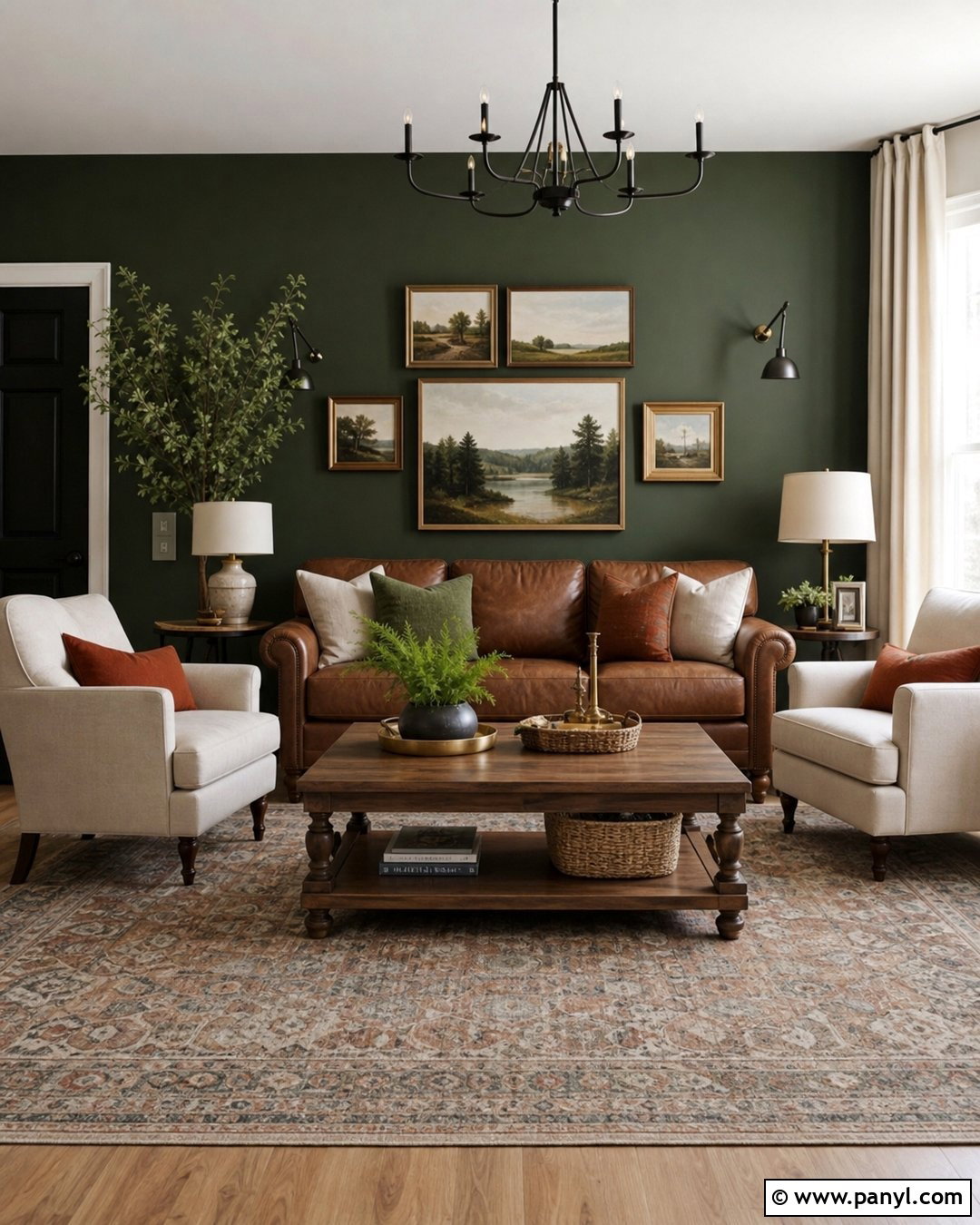 Forest Green Accent Wall With Brown Leather Sofa - 35 forest green accent wall ideas