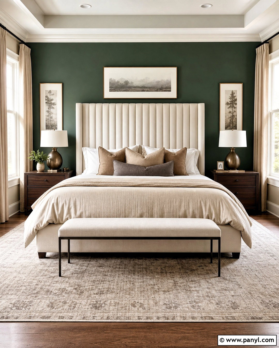 Forest Green Accent Wall With Cream Upholstered Bed - 20 forest green accent wall bedroom ideas