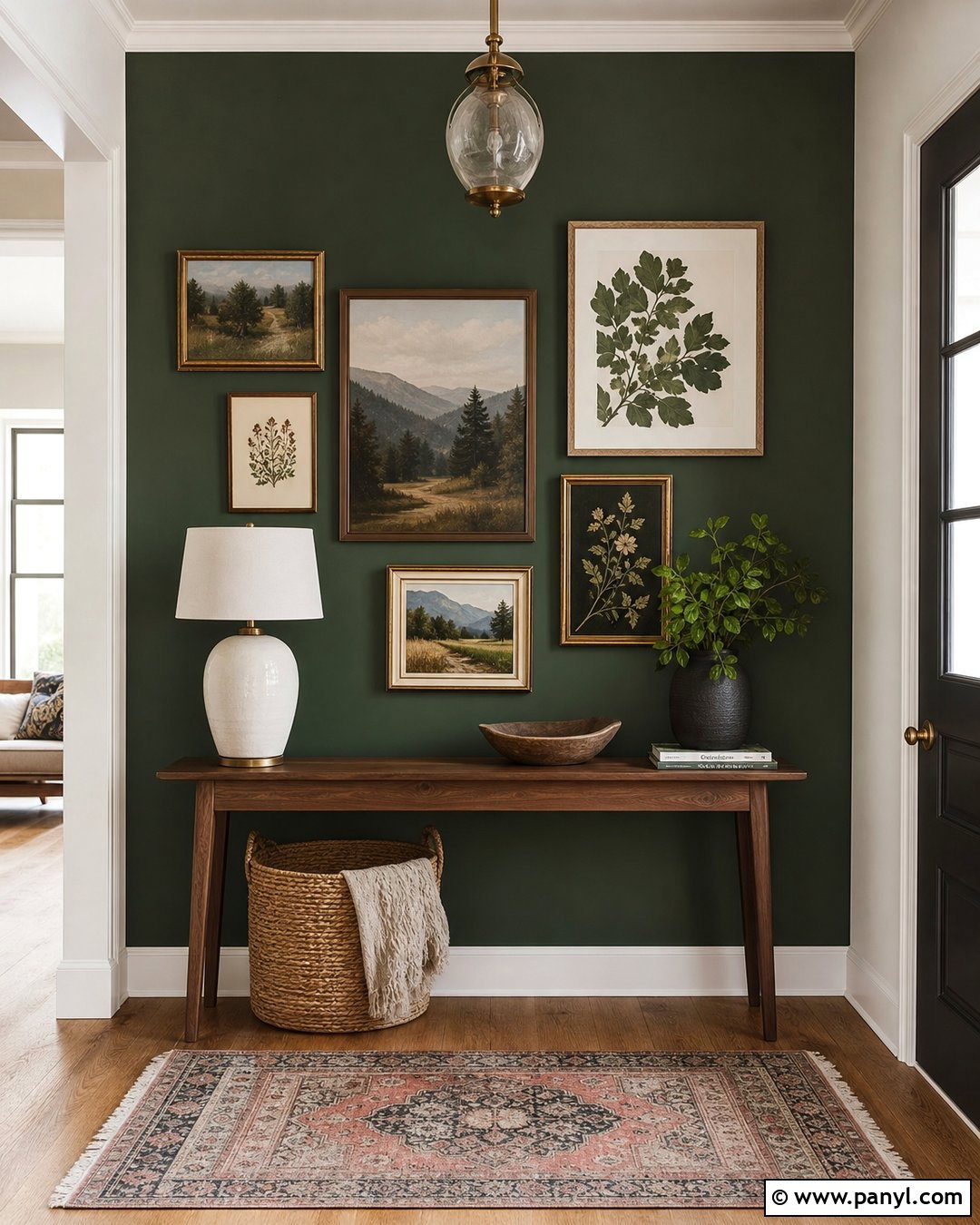 Forest Green Accent Wall With Gallery Frames - 20 Green Accent Wall Foyer Ideas