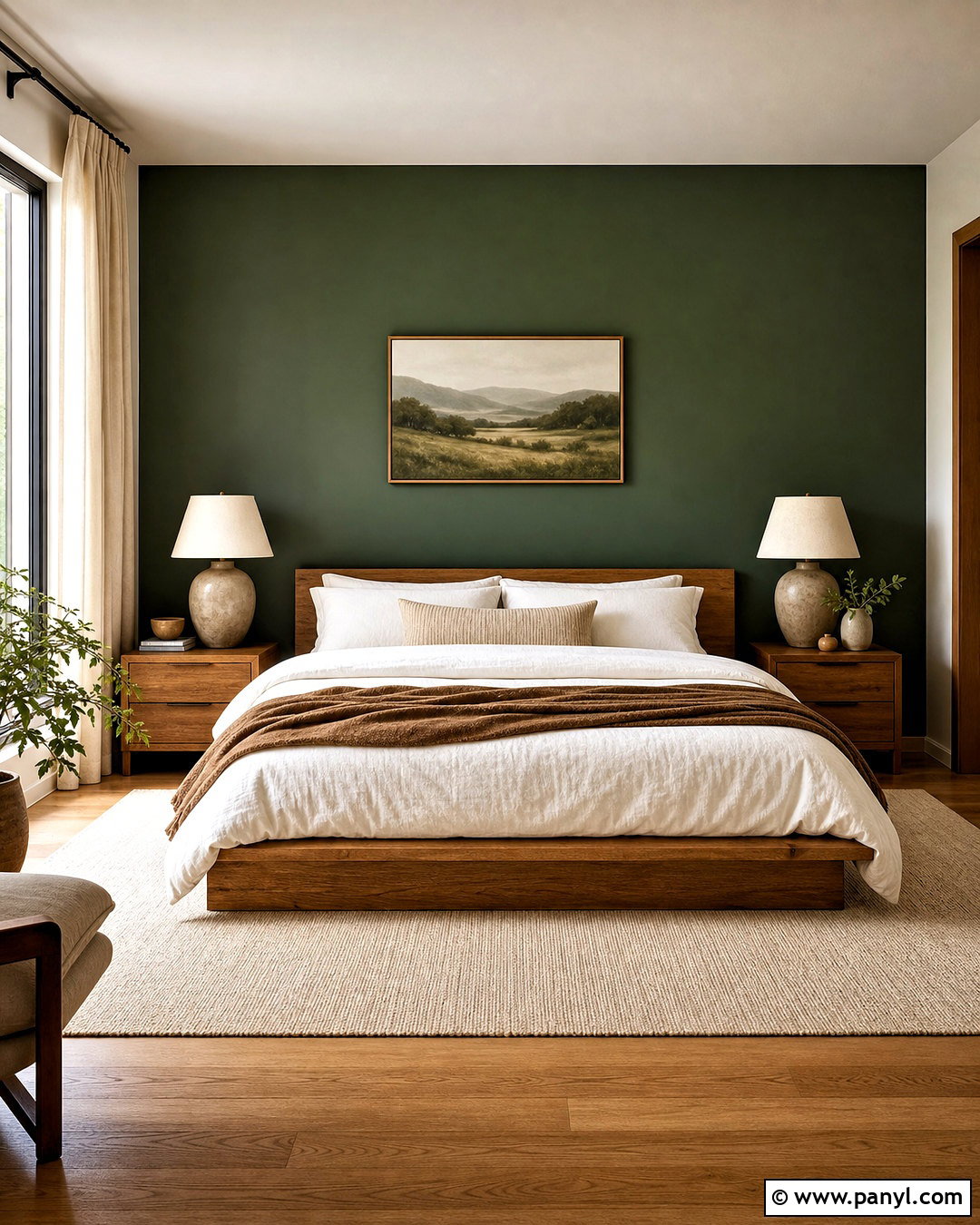 Forest Green Accent Wall With Oak Furniture - 20 dark green accent wall bedroom ideas
