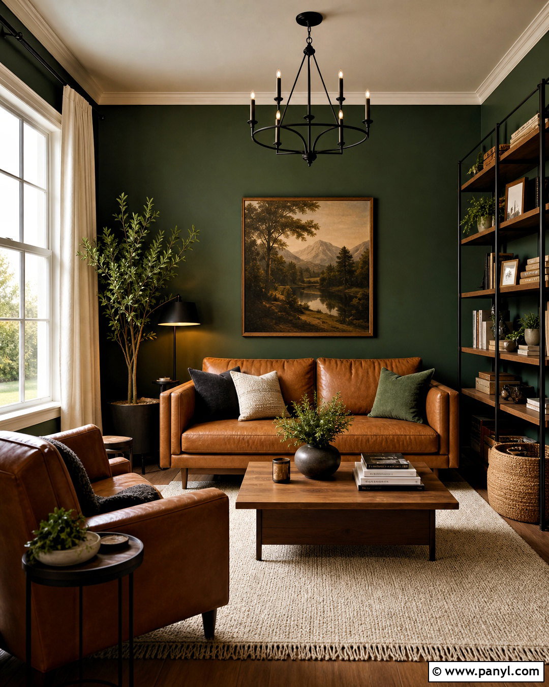 Forest Green Accent Wall With Tan Leather Sofa - 20 green accent wall living room ideas