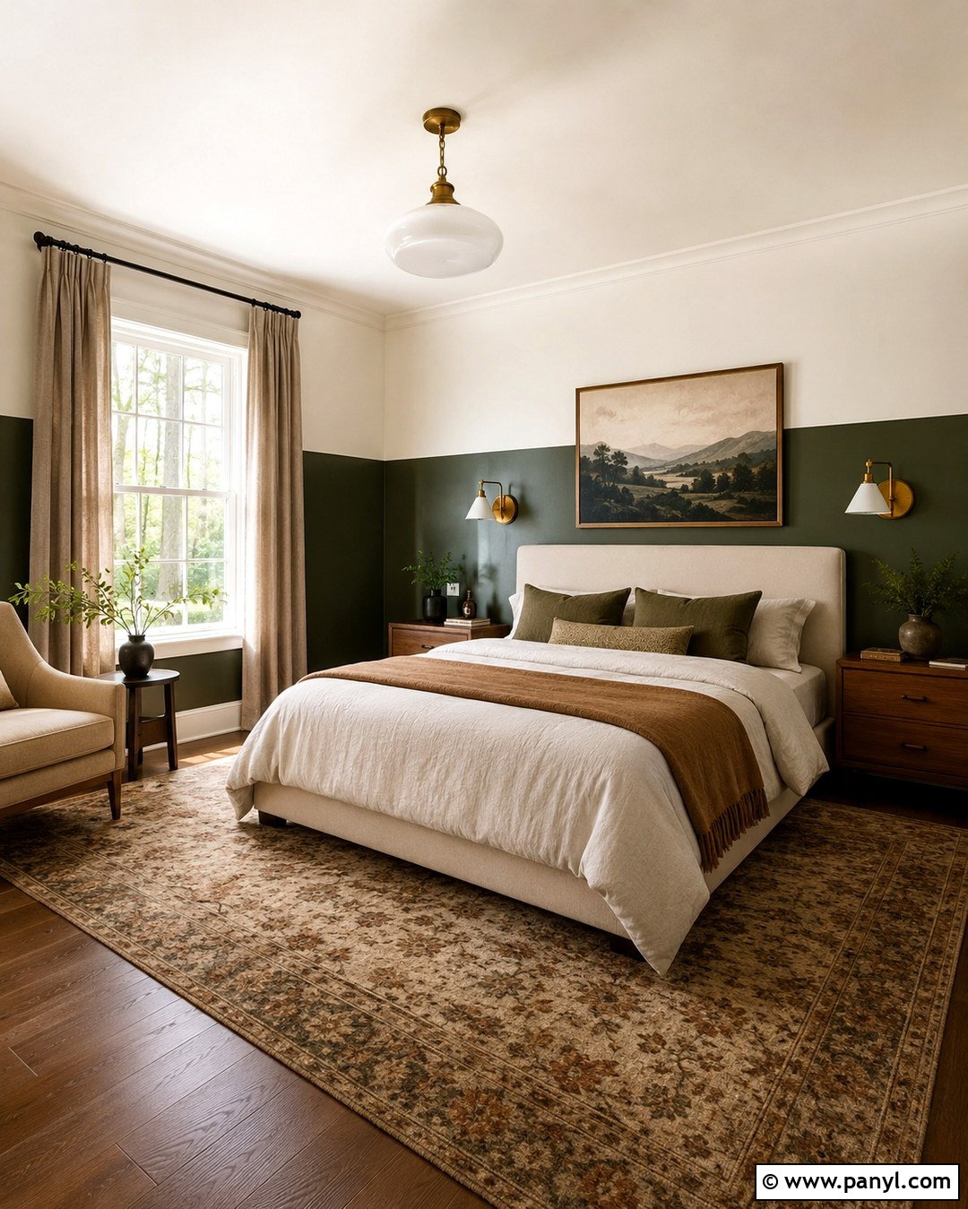 Forest Green And Warm White Half-Painted Bedroom - 20 Room Painted Half And Half Ideas