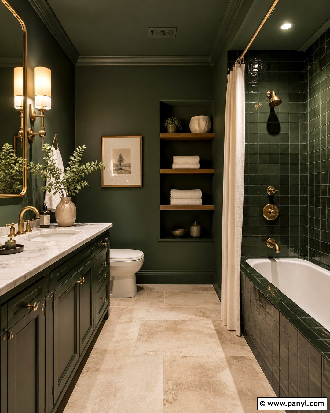 Forest Green Color Drenched Bathroom - 20 Colour Drenching A Room Ideas