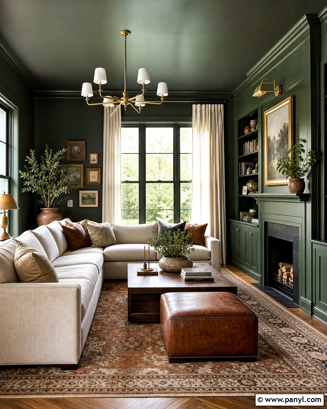 Forest Green Color Drenched Living Room - 20 moody green living room ideas
