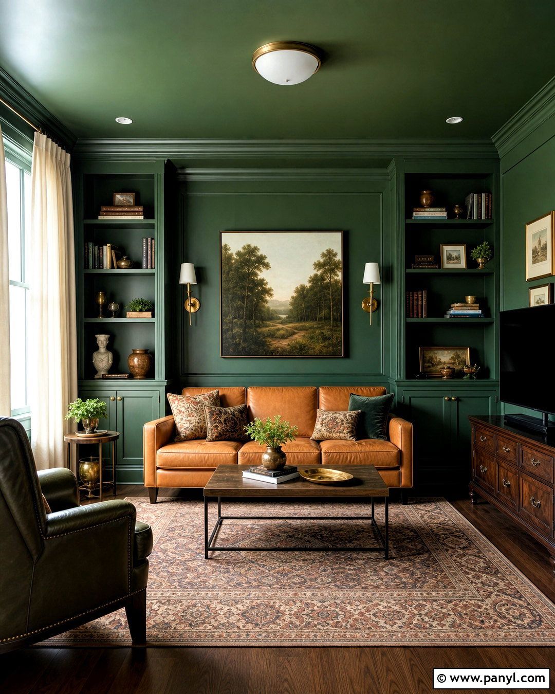 Forest Green Color-Drenched Lounge - 20 forest green decor ideas