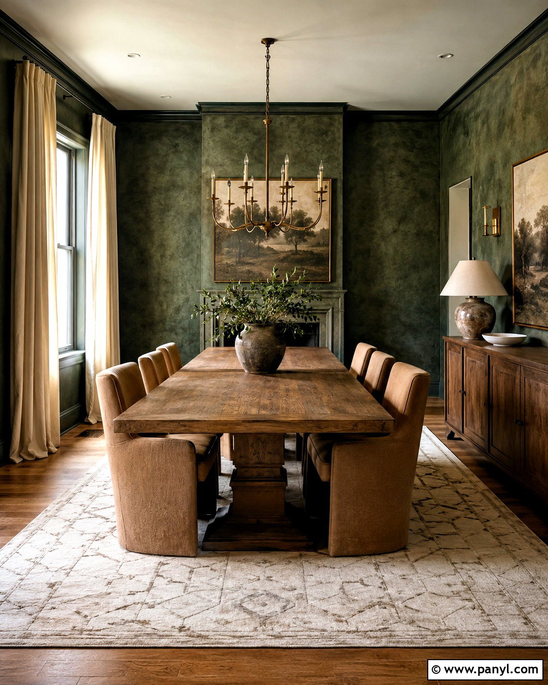 Forest Green Color Washed Walls In A Dining Room - 20 color washing walls