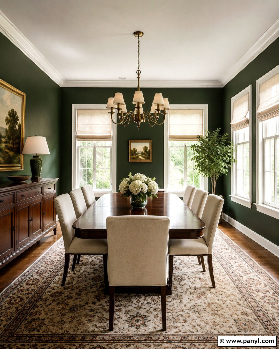 Forest Green Dining Room With White Windows - 20 Dark Walls With White Windows