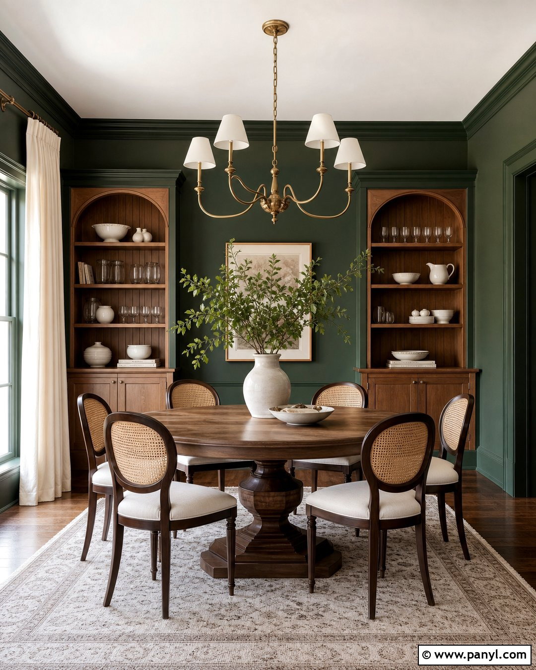 Forest Green Dining Room With Wood Built-Ins - 20 Dark Walls Unpainted Woodwork Ideas