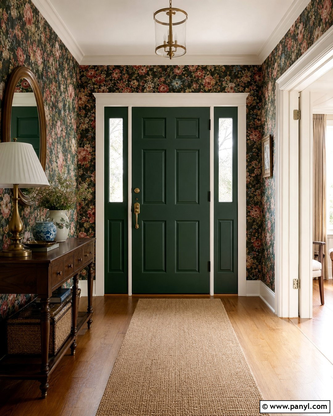 Forest Green Door With Floral Wallpaper - 20 Green Door With Patterned Wall Ideas