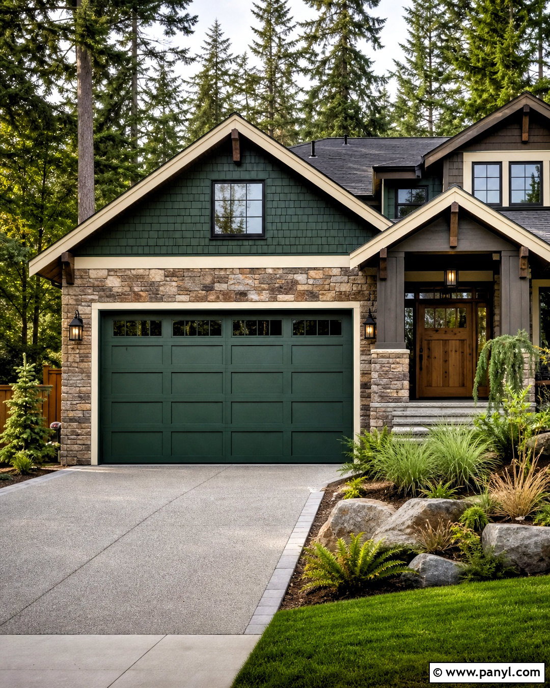 Forest Green Garage Door With Natural Stone - 20 garage door painting ideas