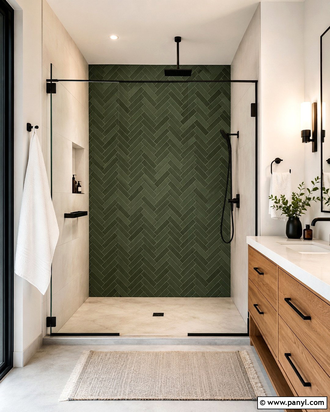 Forest Green Herringbone Shower Wall - 20 Green Accent Wall Shower Ideas