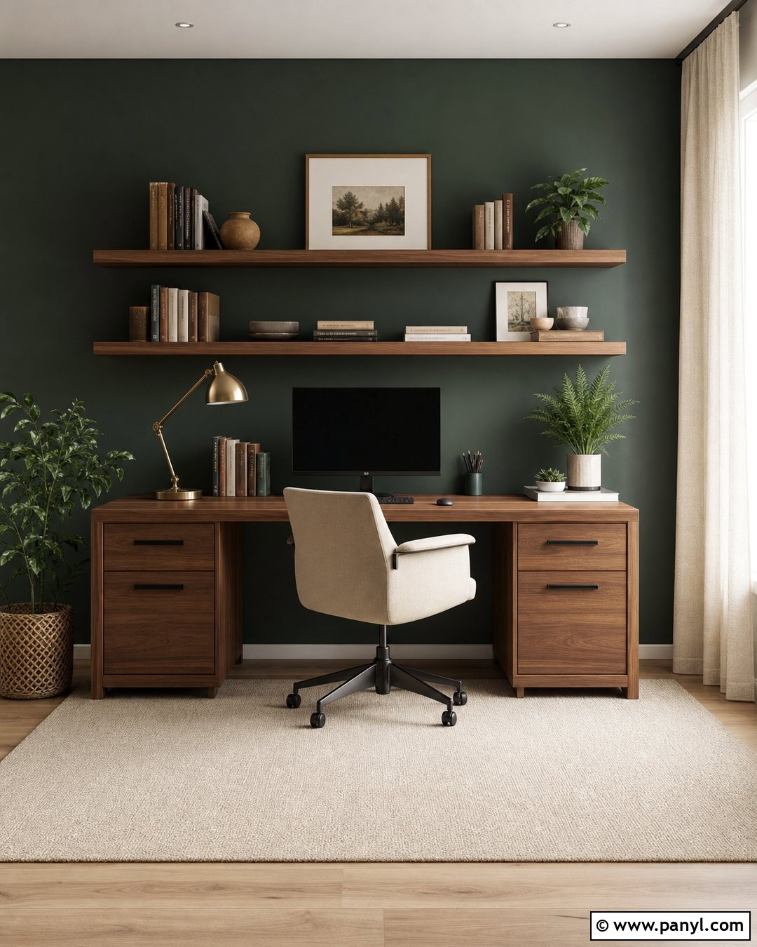 Forest Green Home Office Accent Wall With Wood Desk - 35 forest green accent wall ideas