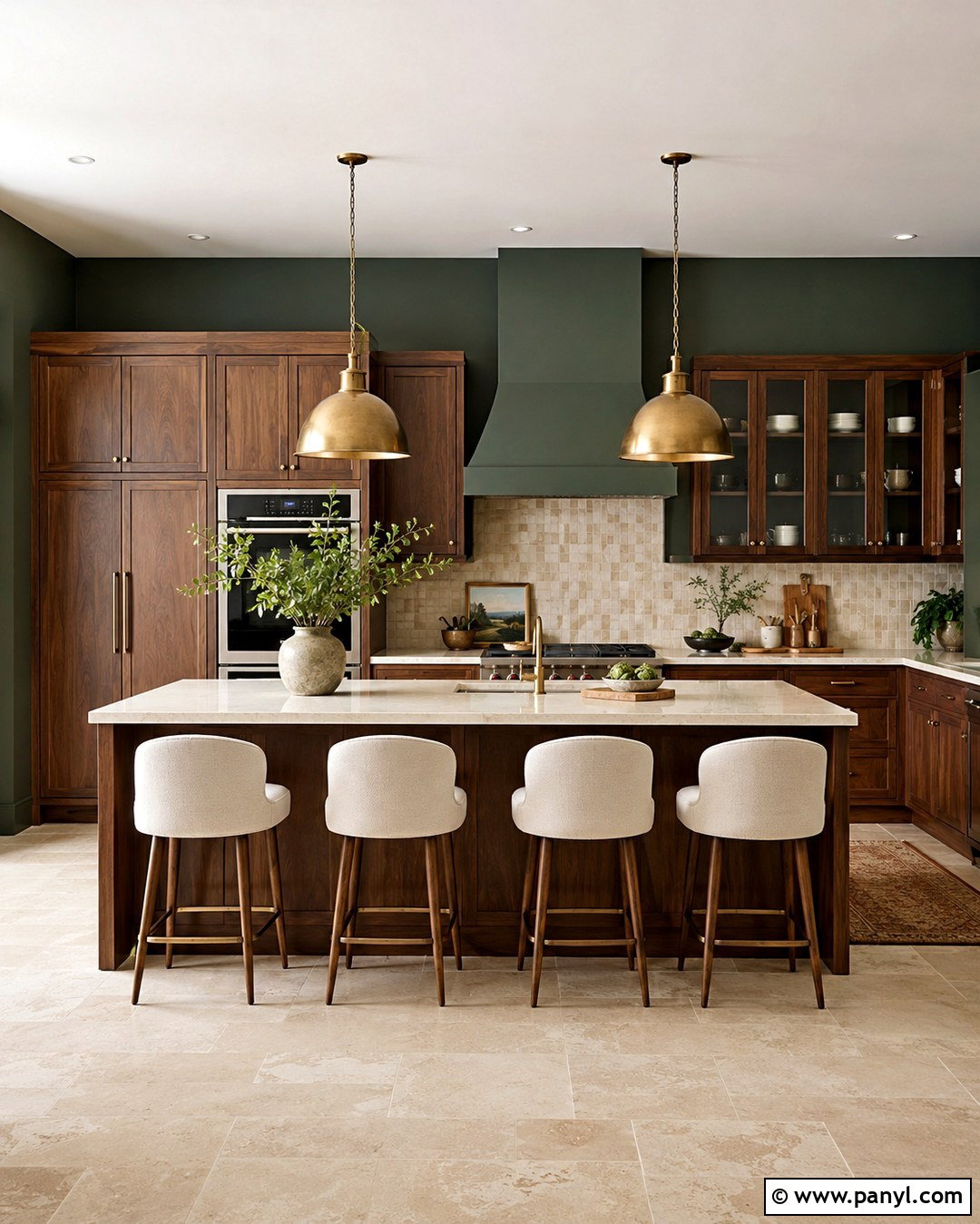 Forest Green Kitchen Wall With Walnut Cabinets - 20 dark wall in kitchen ideas