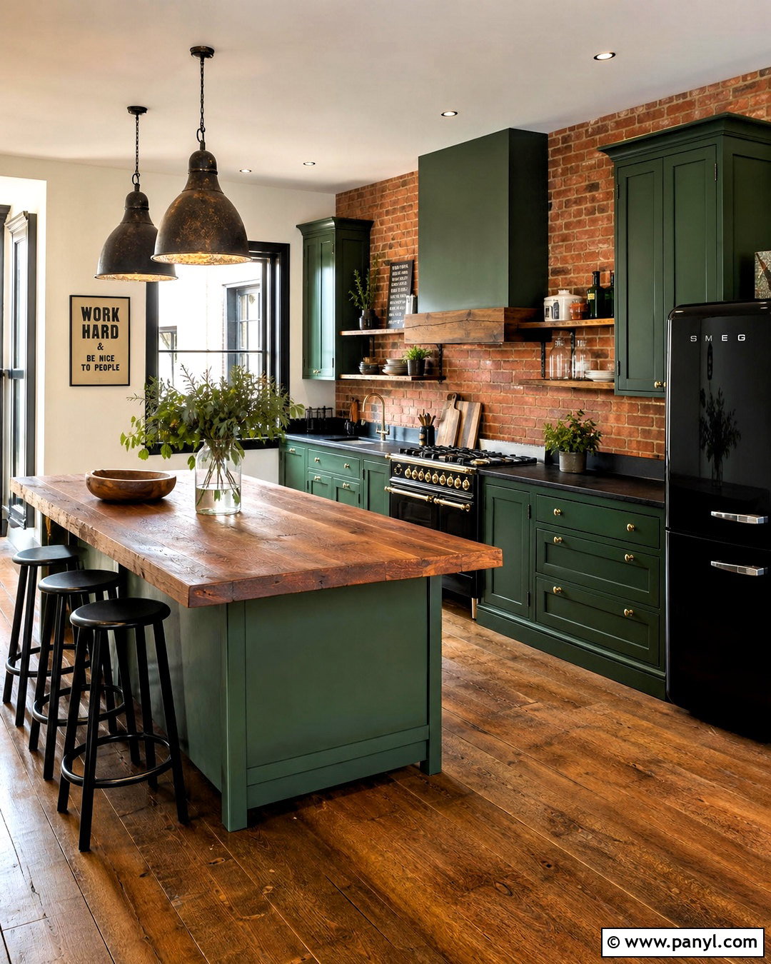 Forest Green Kitchen With Orange Brick Wall - 20 green and orange kitchen ideas