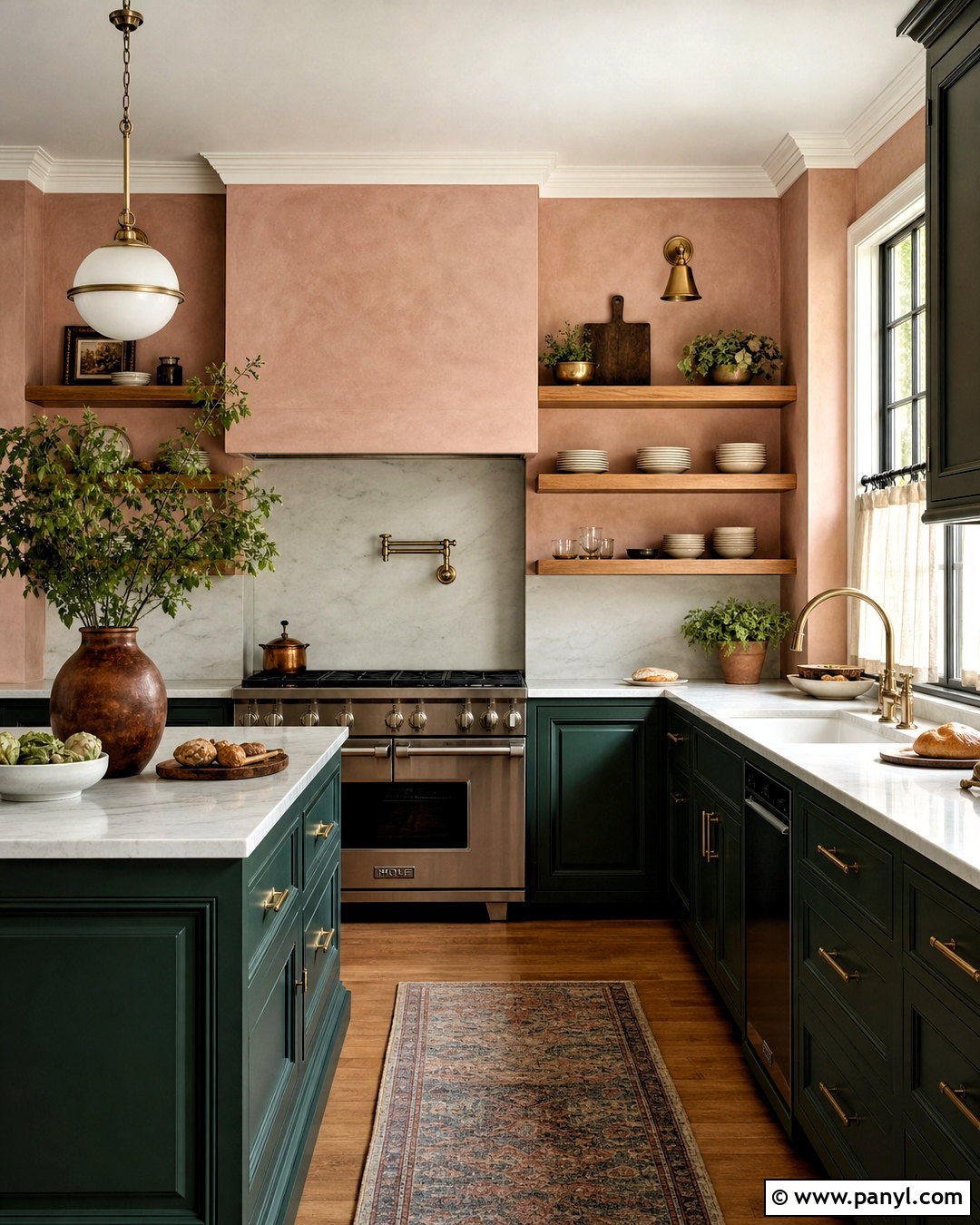 Forest Green Kitchen With Plaster Pink Walls - 20 pink and green kitchen ideas