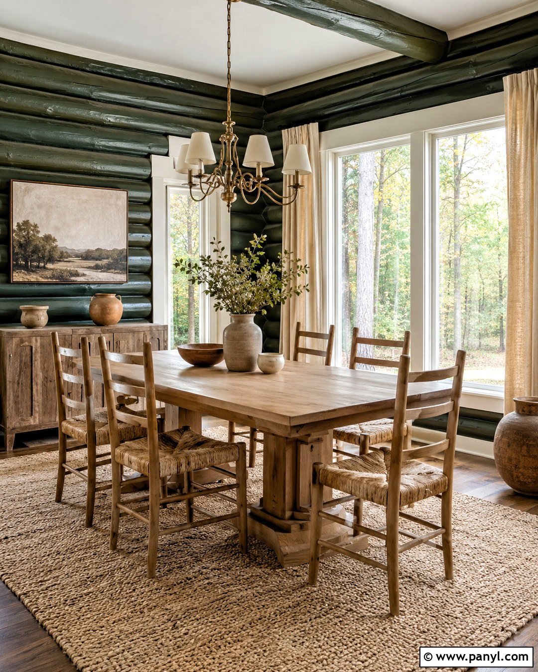 Forest Green Painted Log Dining Room - 20 painted log home interior ideas