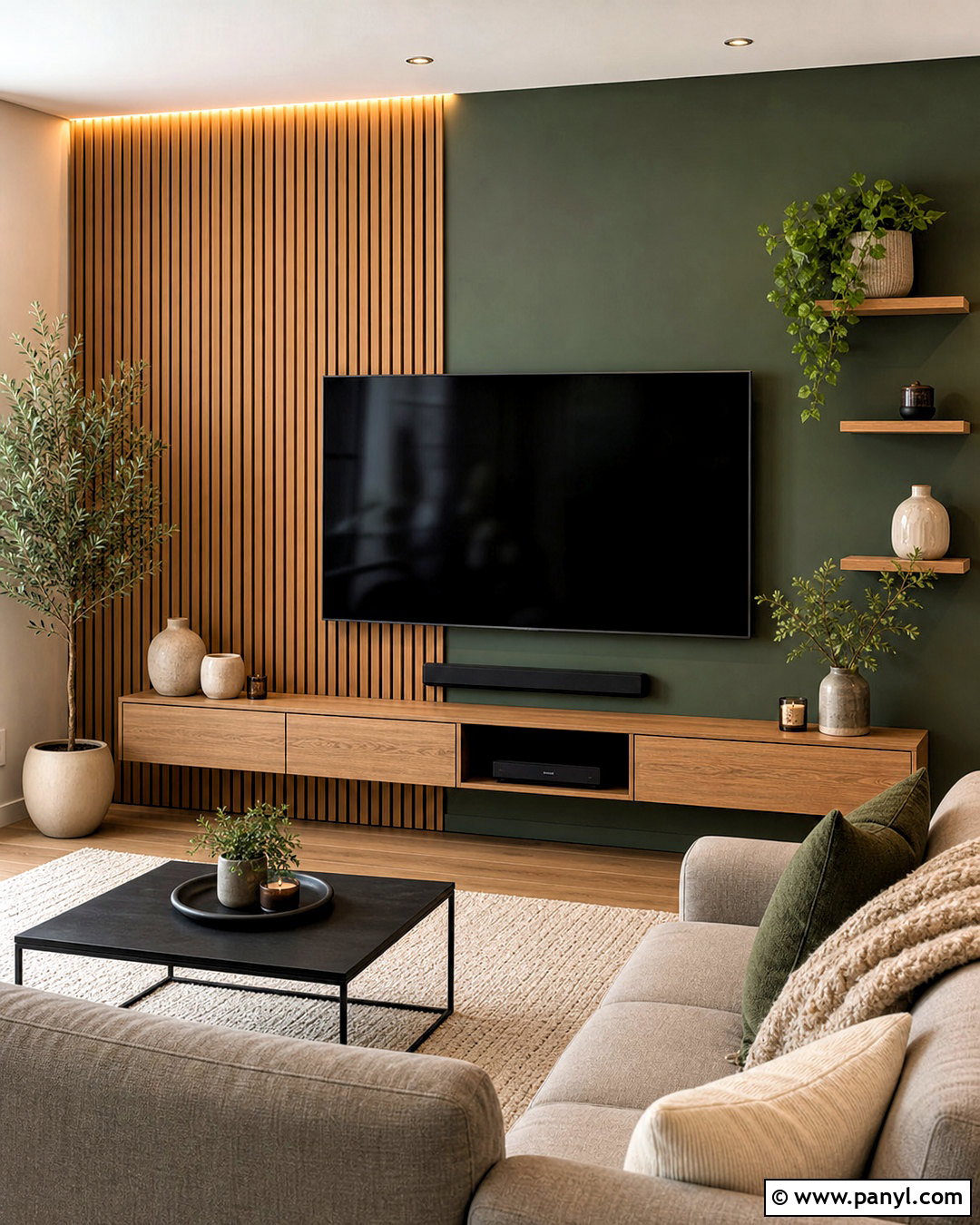 Forest Green TV Wall With Wood Slats - 20 green tv wall ideas