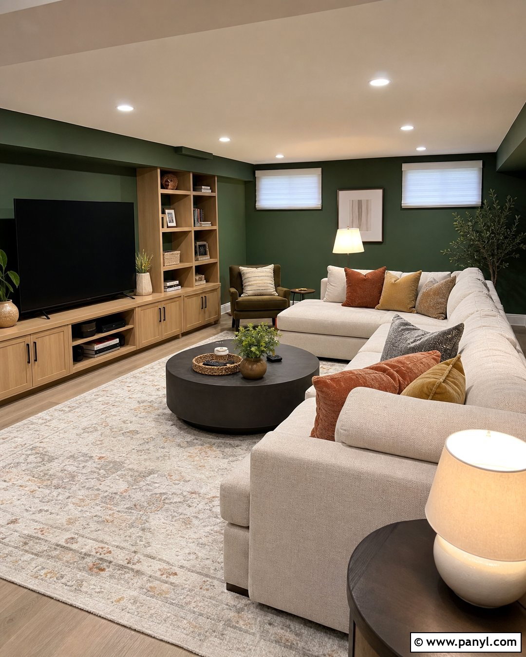 Forest Green Walls In A Basement Family Room - 30 forest green walls