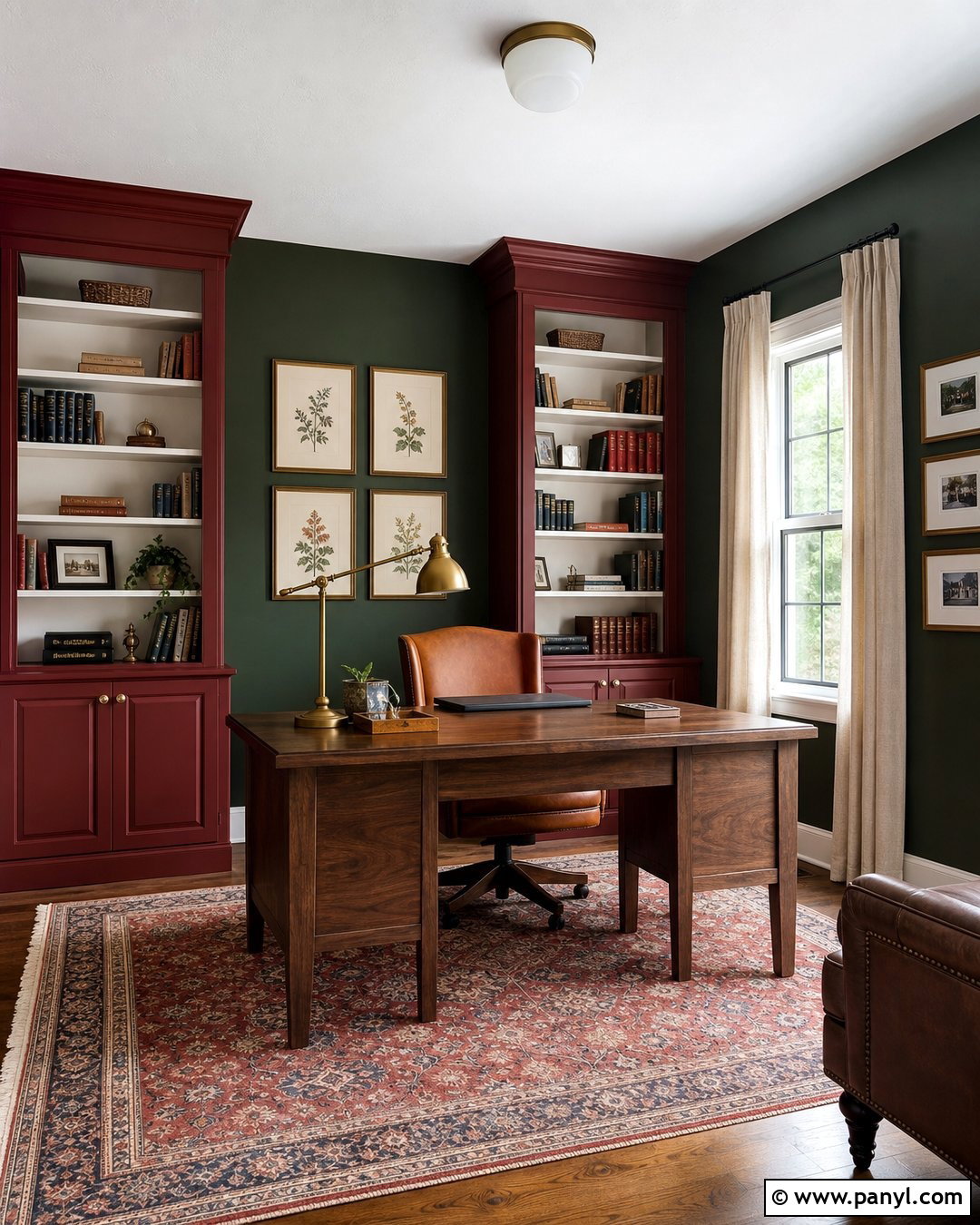 Forest Green Walls With Oxblood Bookcases - 20 Red And Green Wall Paint Ideas
