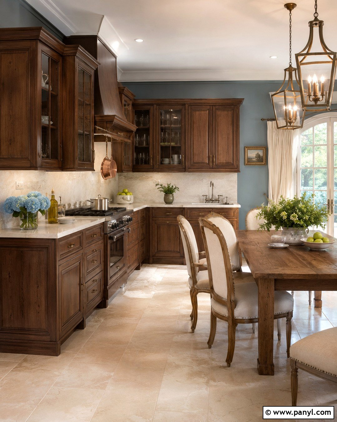 French Blue Kitchen Walls With Traditional Brown Cabinets - 20 Blue Kitchen Walls With Brown Cabinets