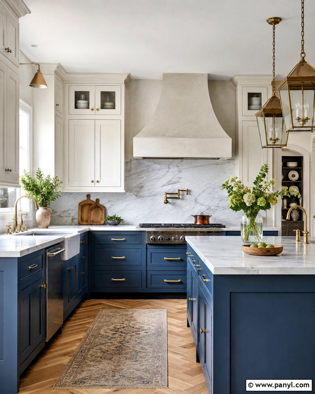 French Blue Lower Cabinets With Marble Counters - 20 blue lower cabinets white upper ideas