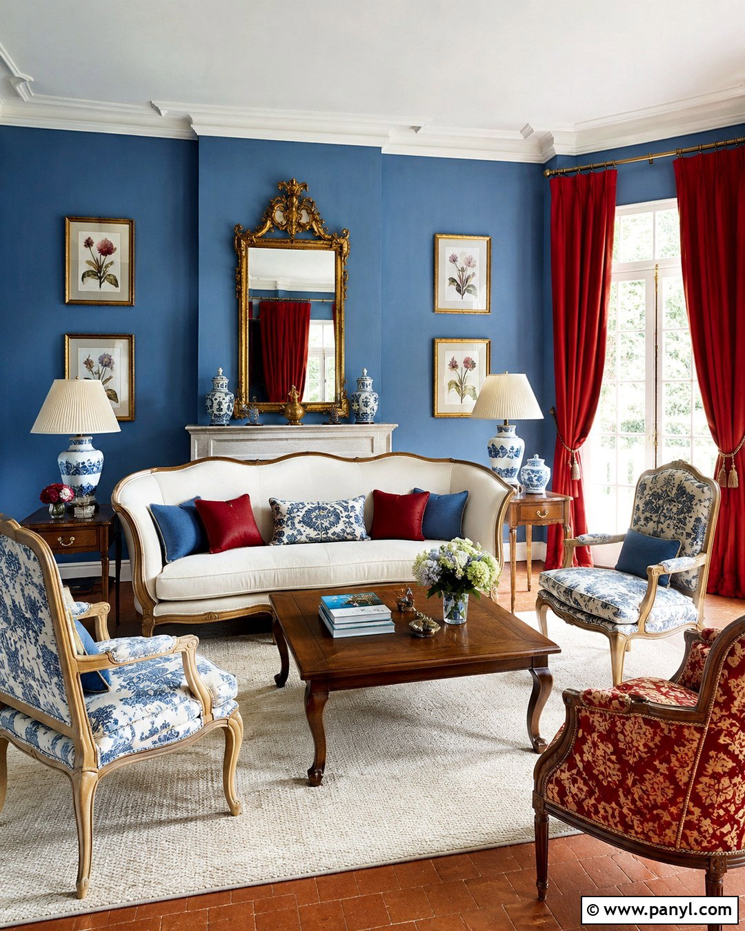 French Blue Sitting Room With Red Curtains - 20 Blue Walls Red Curtains