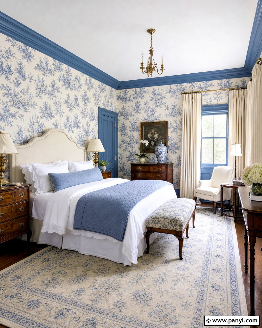 French Blue Trim Bedroom With Toile Wallpaper - 20 blue trim bedroom ideas