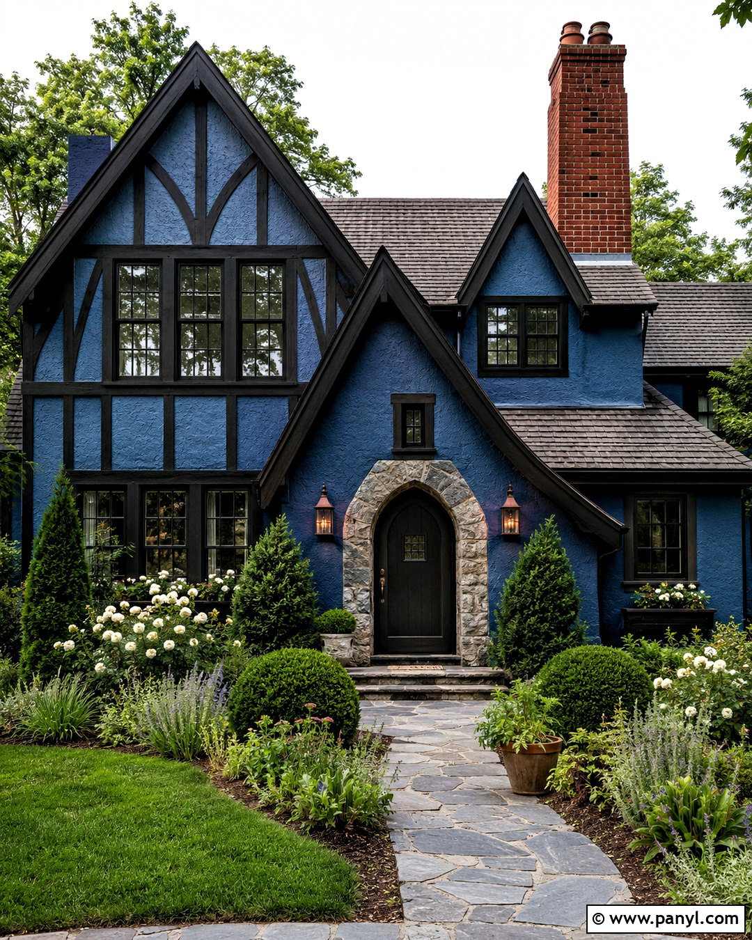 French Blue Tudor House With Black Trim - 20 blue house black trim ideas