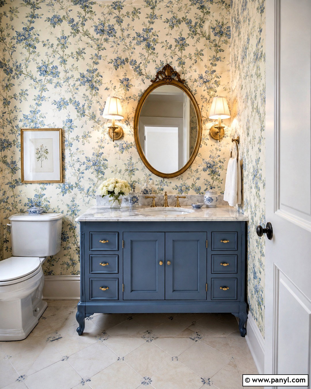 French Blue Vanity With Floral Wallpaper - 20 blue vanity bathroom ideas