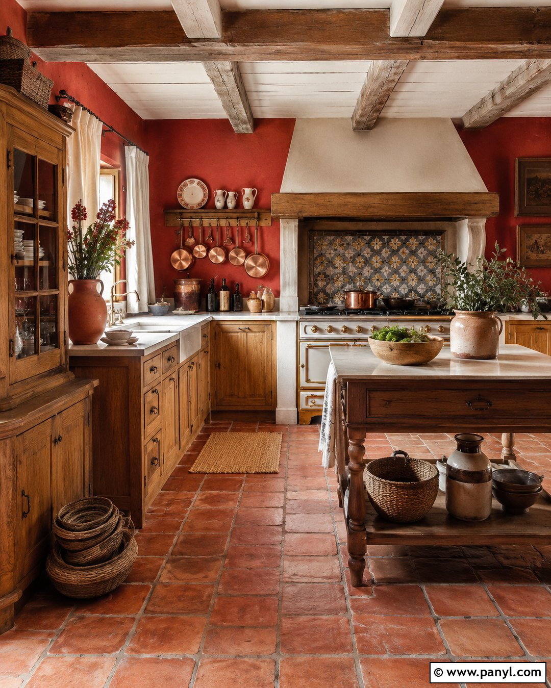 French Country Vintage Kitchen With Paprika Red Walls - 20 Vintage Kitchen With Red Walls