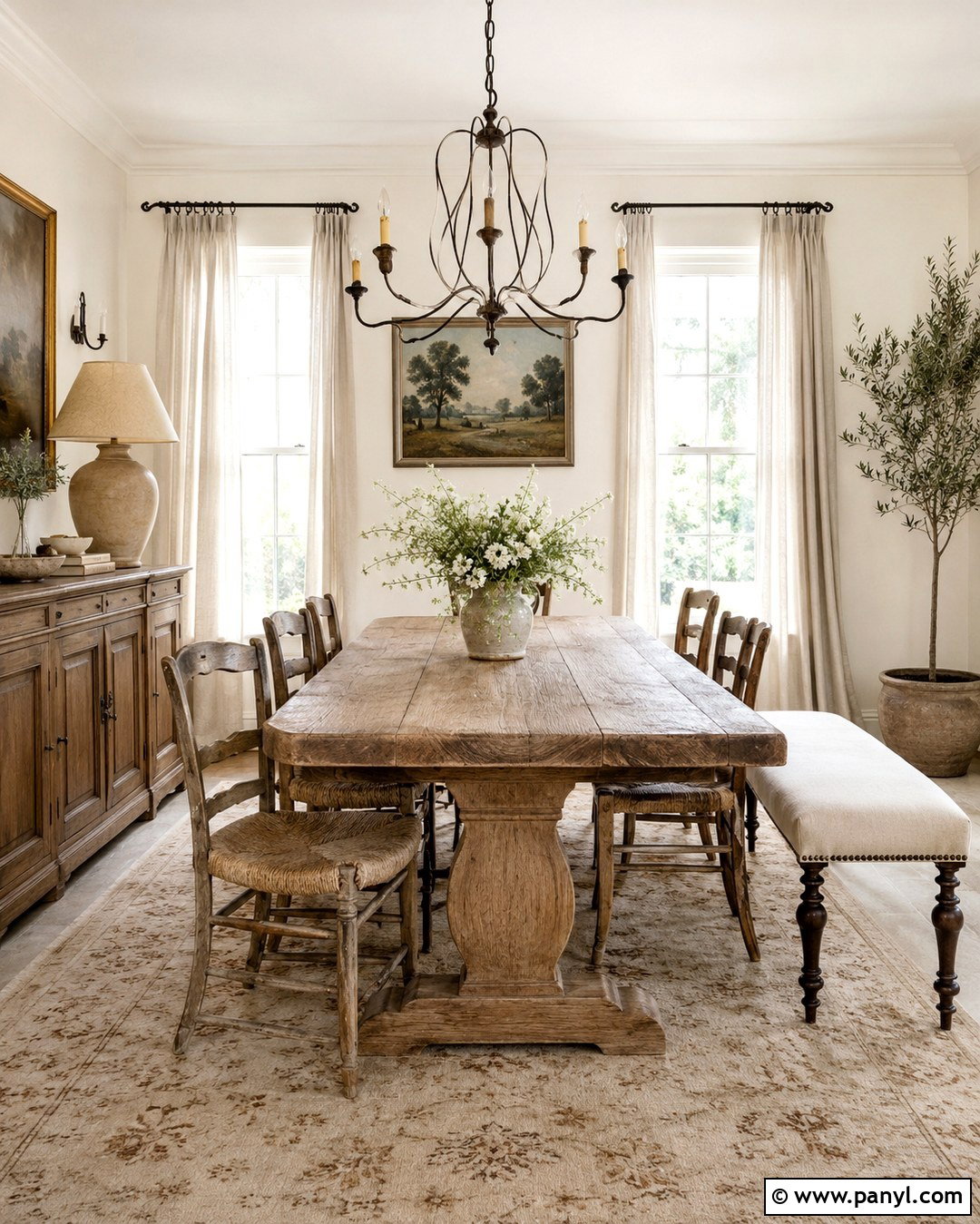French White Dining Room With Rustic Farmhouse Table - 20 French White Wall Color Ideas