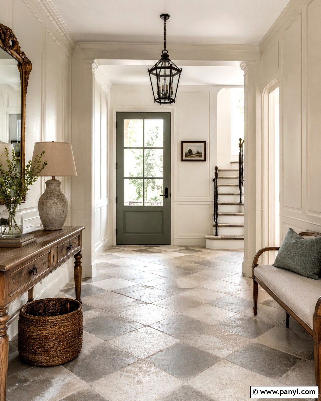 French White Entryway With Checkerboard Floor - 20 French White Wall Color Ideas