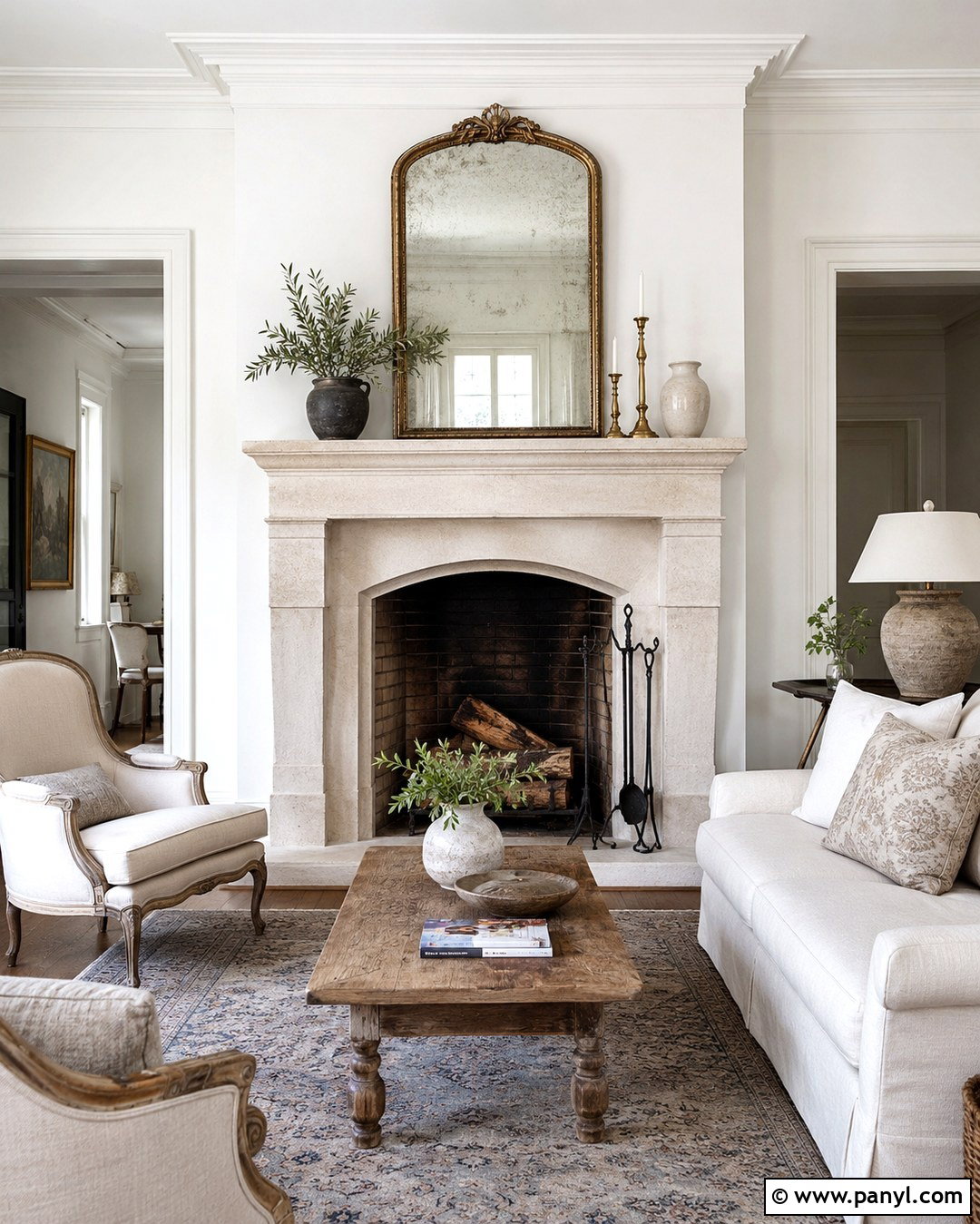 French White Fireplace With Stone Surround - 20 French White Wall Color Ideas