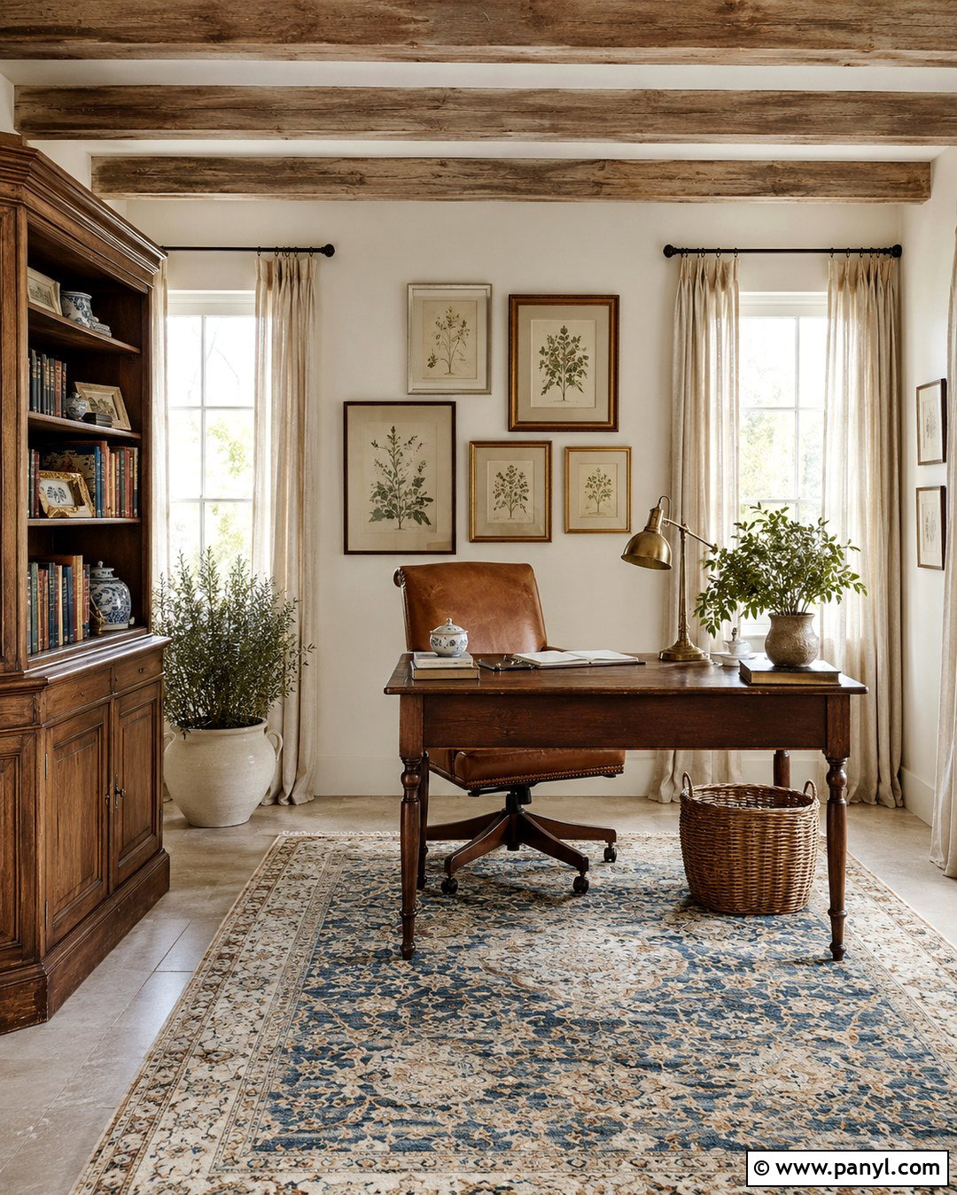 French White Home Office With Vintage Wood - 20 French White Wall Color Ideas