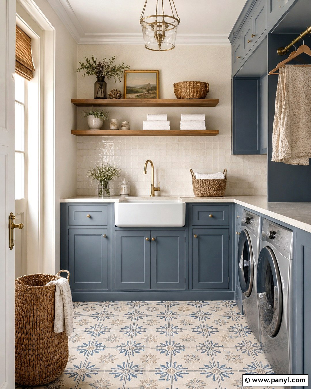 French White Laundry Room With Blue-Gray Cabinets - 20 French White Wall Color Ideas