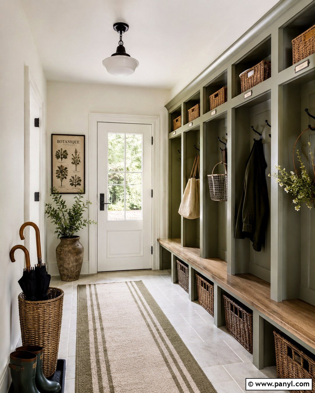 French White Mudroom With Sage Storage - 20 French White Wall Color Ideas