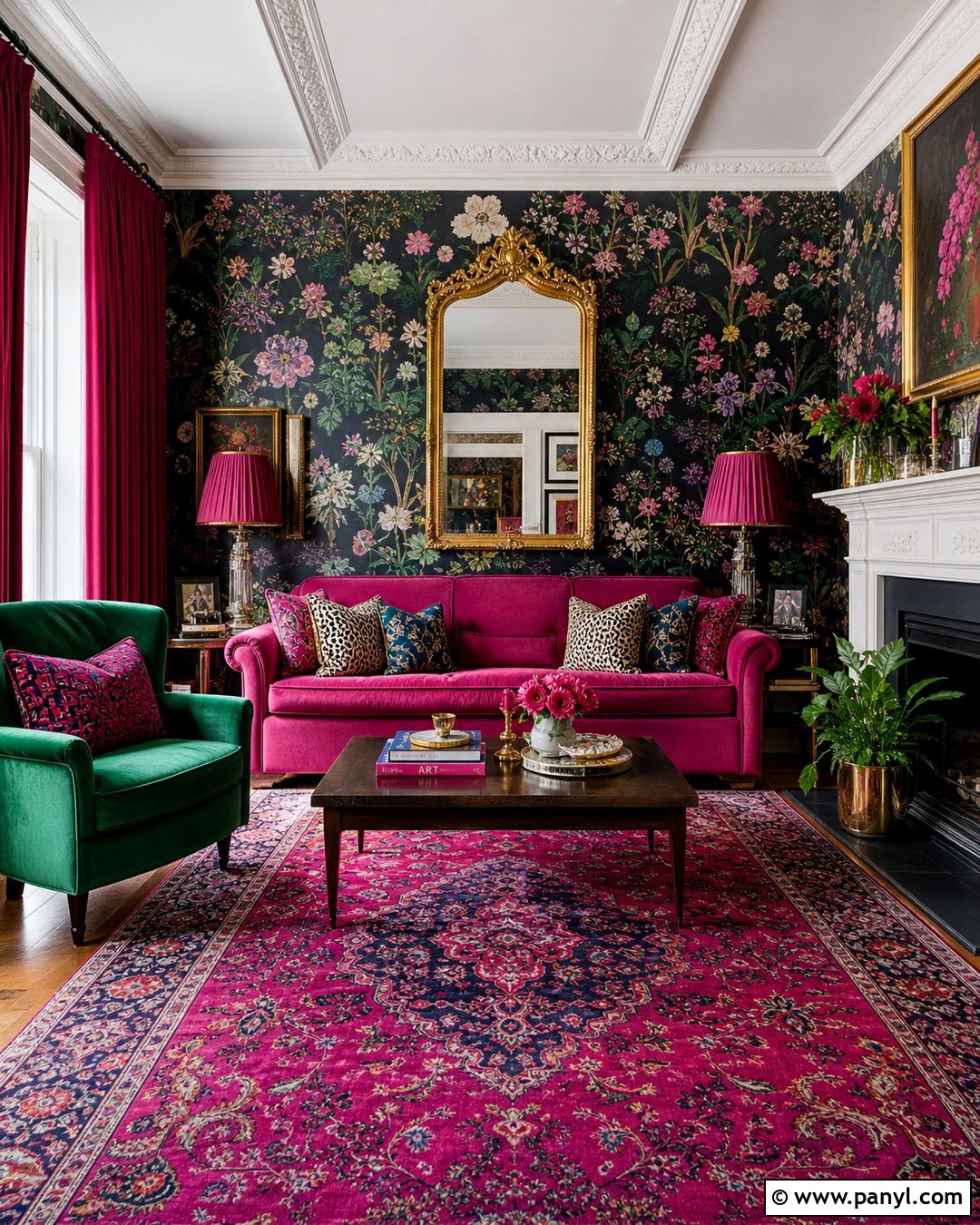 Fuchsia Couch With Black Floral Wallpaper - 20 Pink Couch Black Wall Ideas