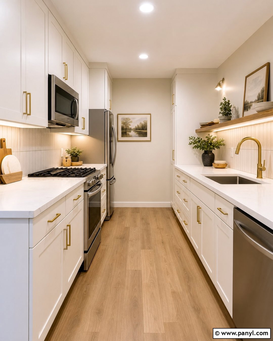 Galley Kitchen With Alabaster Walls And White Cabinets - 25 Alabaster Walls With White Cabinets