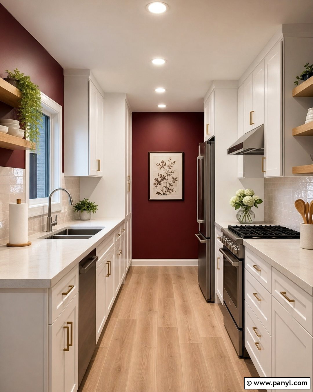 Galley Kitchen With Burgundy Walls - 35 burgundy kitchen walls