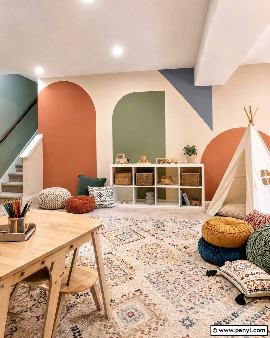 Geometric Basement Mural - 20 cheap basement wall ideas