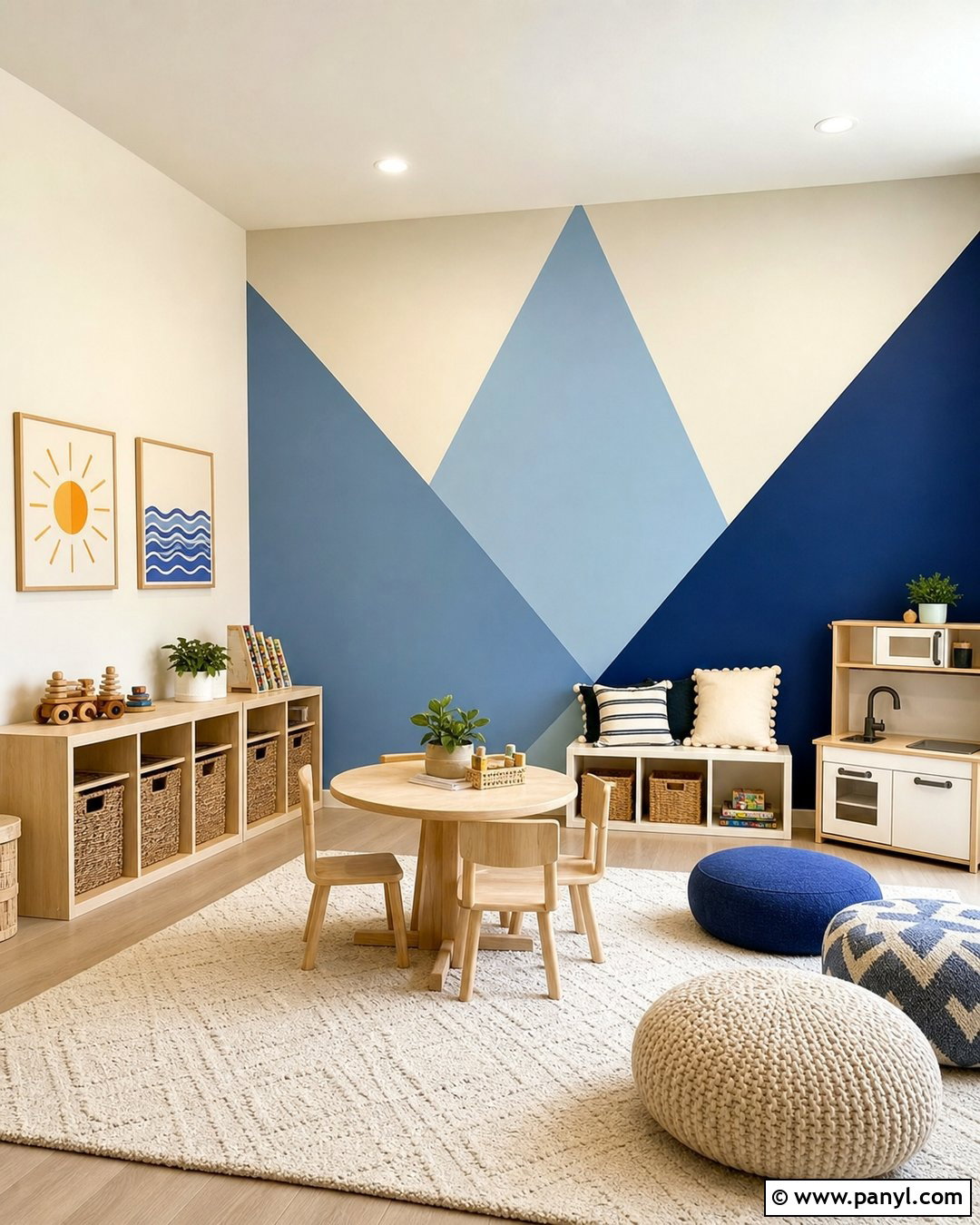 Geometric Blue Accent Wall Playroom - 20 Cream Walls With Blue Accent Wall Ideas