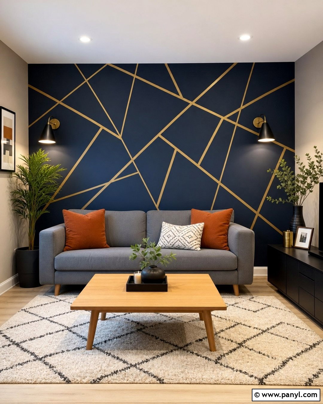 Geometric Gold Metallic Paint Accent Wall - 20 Metallic Paint Accent Wall Ideas