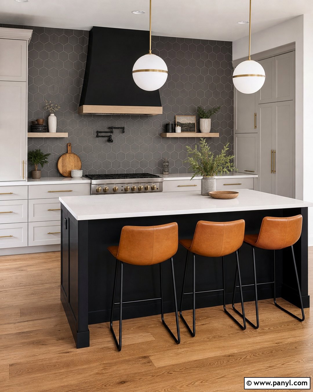 Geometric Gray Tile Accent Wall With Black Island - 20 Modern Kitchen With Gray Accent Wall Ideas