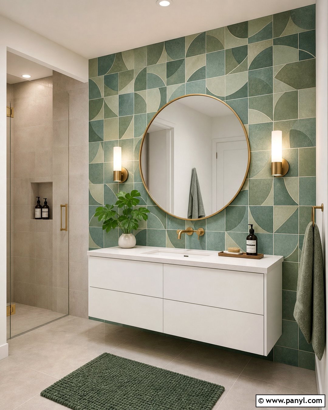 Geometric Green Tile Bathroom Wall - 35 Green Accent Wall Bathroom Ideas