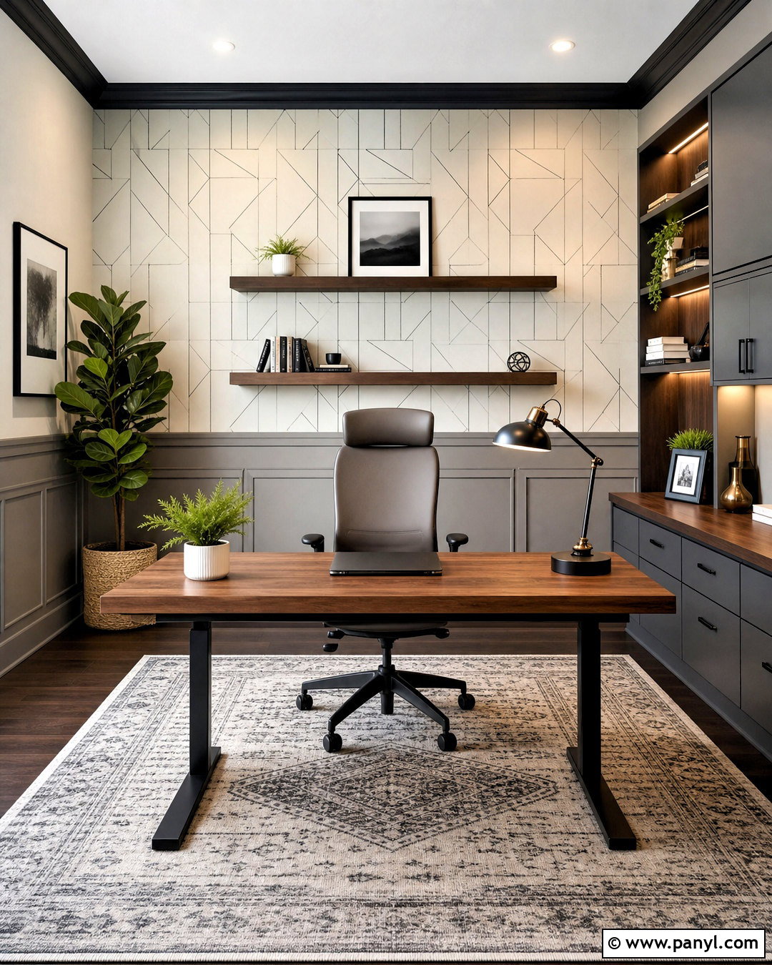Geometric Half Wall Wallpaper With Black Trim - 20 half wall wallpaper ideas